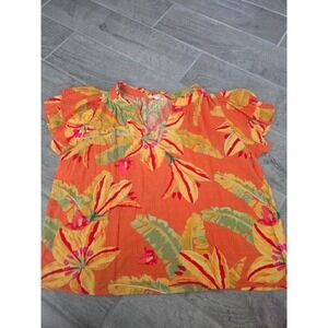 Haute‎ Hippie Orange Floral Blouse Top Short Sleeve V Neck Tropical Size L/XL